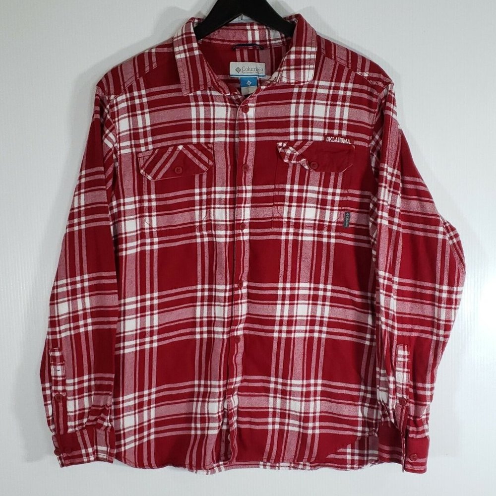 Columbia‎ Red Flannel Button Down Shirt Men’s Size Large Oklahoma Long Sleeve